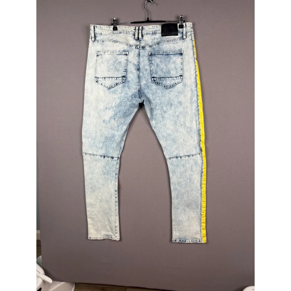 RUE21 PREMIUM Skinny Jeans Mens 40x32 Blue Acid Wash Graffiti Distressed Yellow